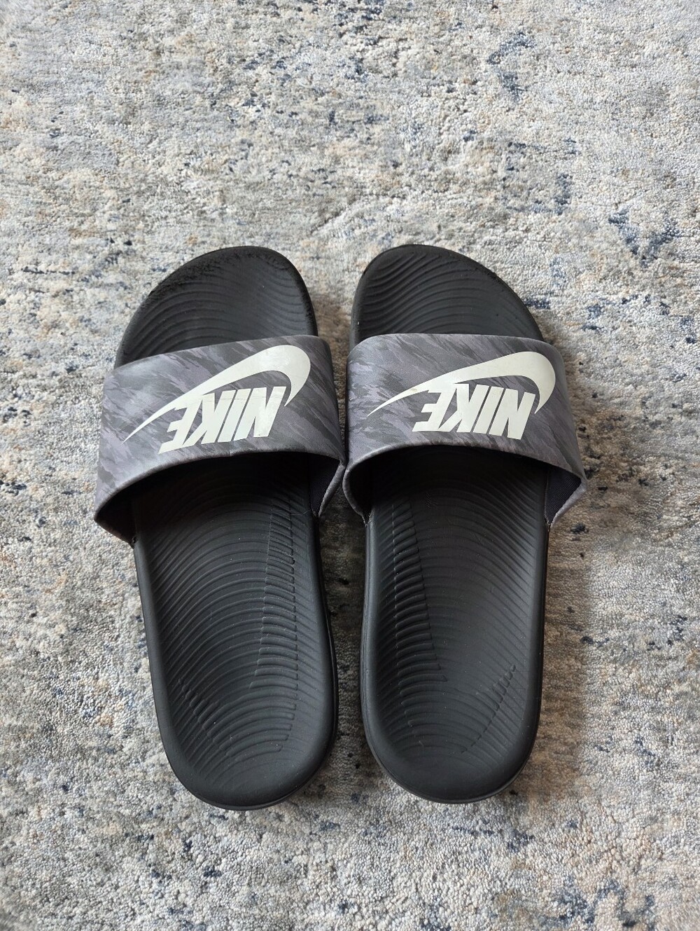 Nike Black Slide Sandals with Gray Marbled Strap